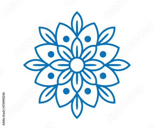 Blue blossom with symmetrical petals and inner circles appears against a clean white backdrop