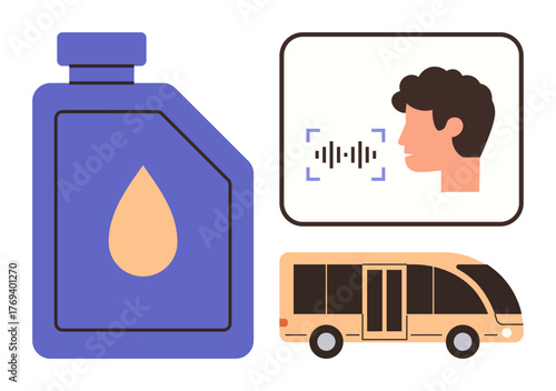 Blue liquid container, voice recognition with soundwave icon next to human profile, and beige bus illustration. Ideal for health, voice tech, identification, transport, AI, innovation