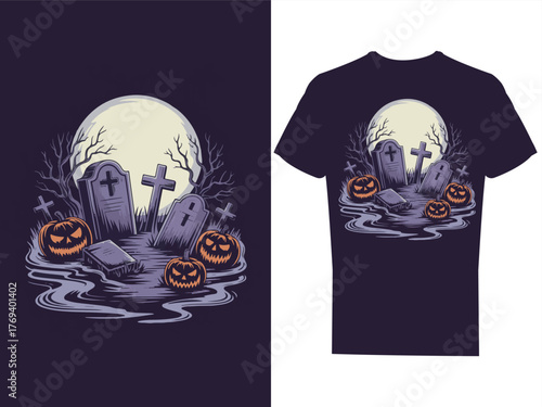 Full moon over a graveyard with eerie mist and
glowing pumpkins halloween t-shirt design 