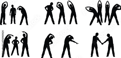 Silhouette vector illustration of people performing group stretching exercises, warm‑up routine, fitness activity, teamwork, coordination, health, wellness, exercise, and lifestyle