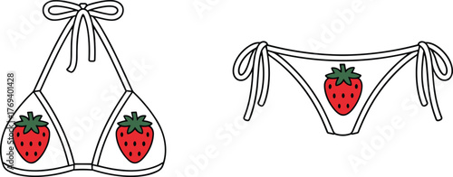 Strawberry bikini vector set, halter top and side-tie bottom, bold fruit graphic swimwear, fashion flat sketch, summer garment illustration