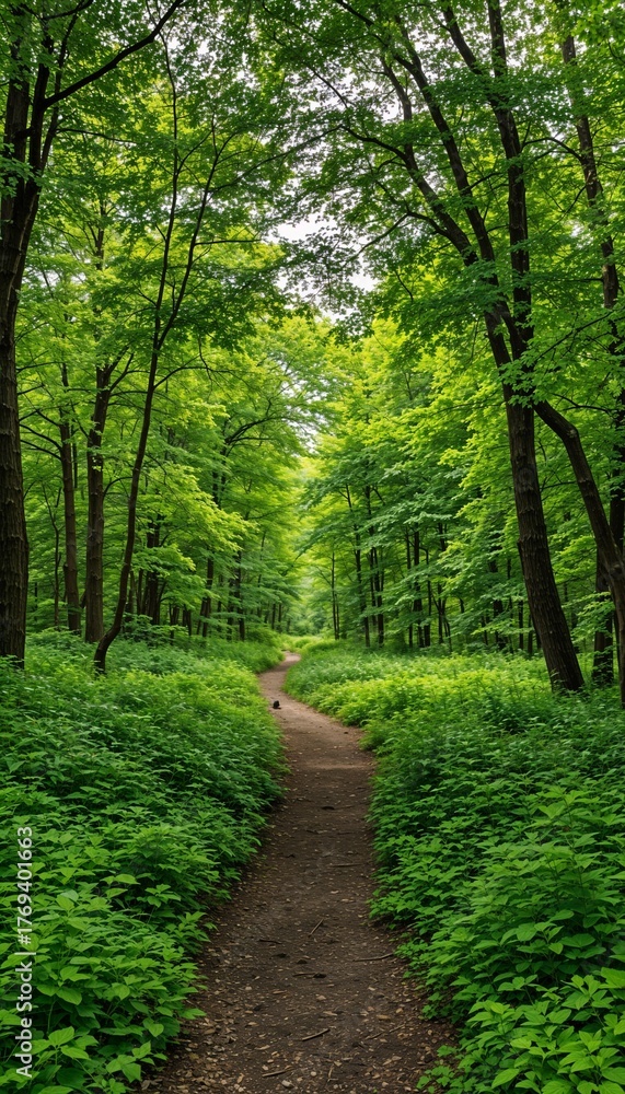 Fototapeta premium Lush green forest path surrounded by trees and foliage 