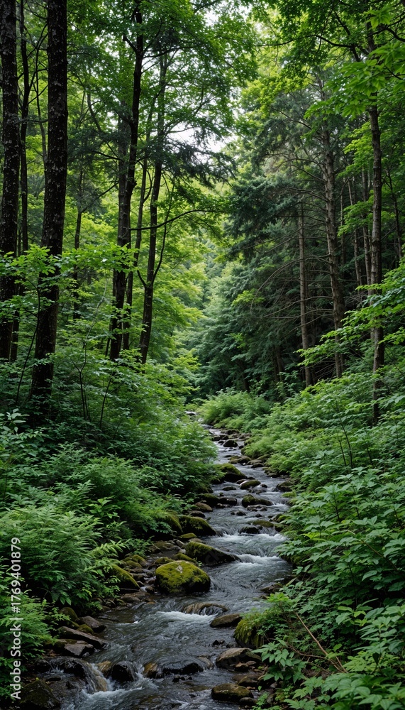 Fototapeta premium Lush green forest with flowing stream and natural sunlight filtering through 