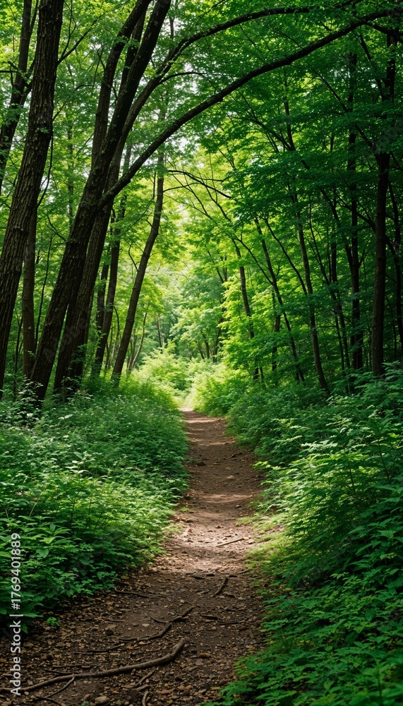 Obraz premium Dense green forest path with sunlight filtering through trees