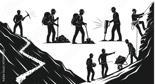 Silhouette vector illustration of mountain construction workers using tools, climbing, surveying terrain, teamwork, excavation, planning, safety, labor, and industry