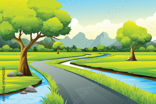 asphalt road with paddy rice field and trees