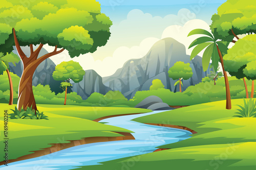 lush jungle forest landscape with river and trees