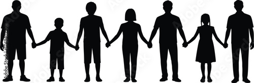 Silhouette of diverse people holding hands, unity and togetherness concept, black vector illustration, family support, community bond, inclusive human connection graphic