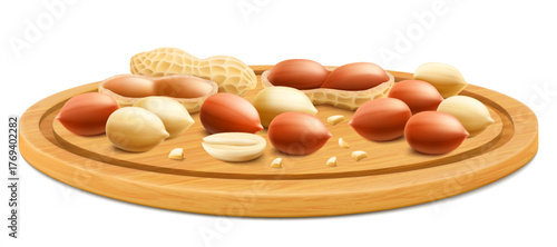 Fresh tiger striped peanuts are on a wooden tray placed isolated on a white background. Healthy food with protein. For packaging with peanut butter, a mixture of nuts. Realistic vector 3D illustration