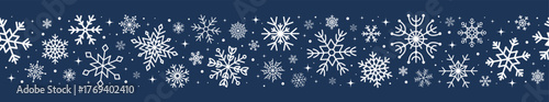 White snowflakes border on dark blue background. Elegant winter decoration for Christmas and New Year greeting. Vector illustration.