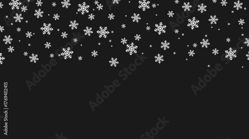 White snowflakes on black background. Elegant winter falling snow pattern for Christmas and New Year design. Minimal festive backdrop. Vector illustration.