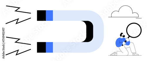 Magnet pulling energy toward, man analyzing with magnifying glass near cloud. Ideal for research, curiosity, attraction, science, investigation, technology innovation. Simple flat metaphor