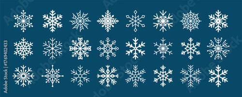 White snowflakes on dark blue background. Elegant festive collection for Christmas and winter design. Minimal geometric frosty elements. Vector illustration.