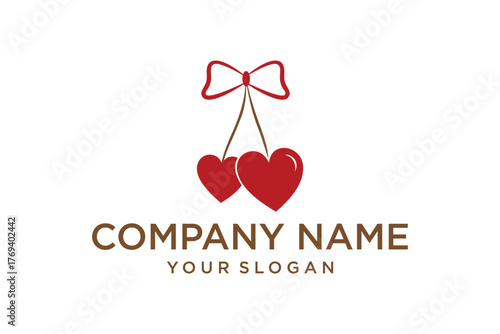 Red Heart Cherries with Bow Logo Graphic Design
