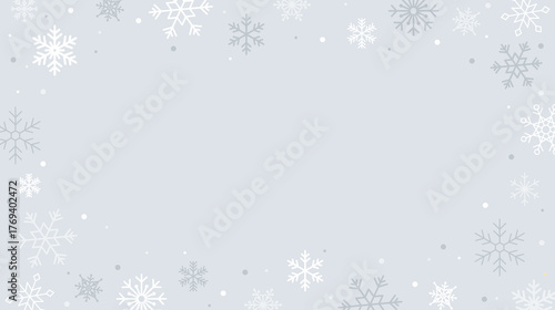 White snowflakes on light gray background. Soft winter frame for Christmas and New Year greetings. Minimal frosty seasonal background. Vector illustration.