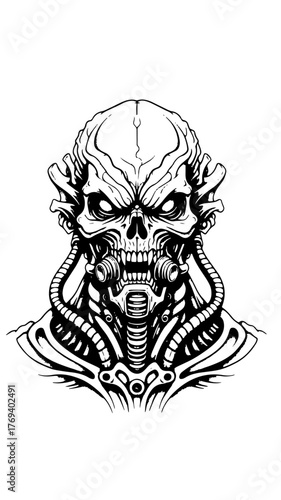 Futuristic Alien Cyborg Skull Detailed Biomechanical Horror Illustration in Black and White