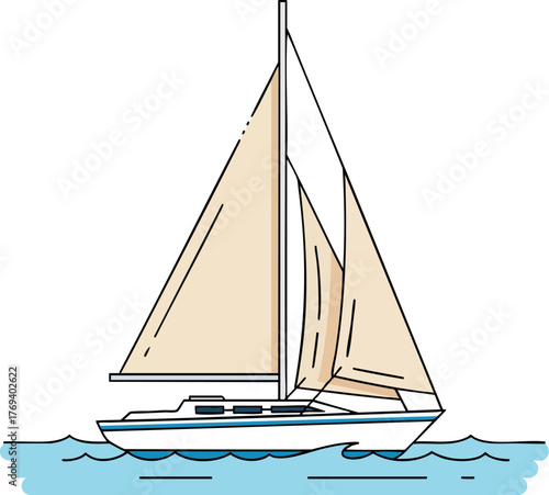 Simple Sailboat on Water with Sails Up isolated on white backround