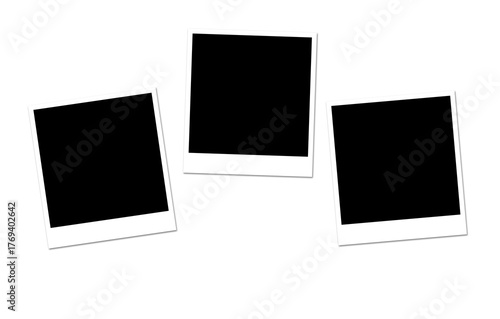 Three blank instant photo frames arranged in a cluster on a dark background with white borders and empty black spaces for memories