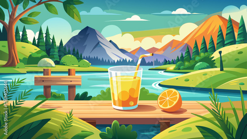 Very beautiful refreshing drink resting on a wooden table with a serene lake view, surrounded by lush green trees and gentle sunlight — a perfect summer day retreat in peaceful nature.