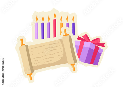 Happy Hanukkah sticker with traditional symbols. Holiday image in cartoon style.