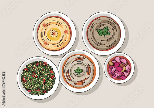 A top-down illustration of a variety of Middle Eastern dips and salads arranged on a neutral background.
