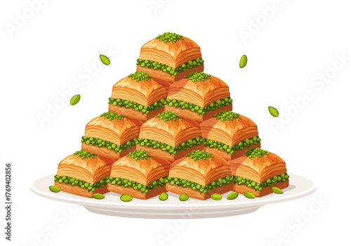 A stack of baklava pieces on a white plate, topped with pistachios.