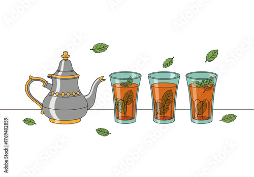 An illustration of a teapot with three glasses of tea and scattered leaves.