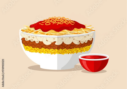 A large bowl filled with layers of various pasta types and rich red sauce, with a smaller side bowl of sauce.