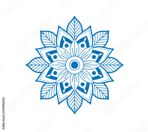 Detailed blue floral pattern displays radial symmetry on a plain white background perfectly