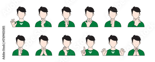 Man Hand Gesture Icon Set: OK, Clapping, Stop, Counting, Neck Pain, Finger Signs