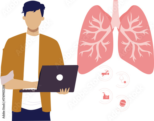 Man working on lungs cancer research using laptop