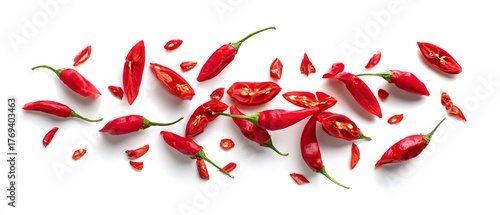 Vibrant red chili peppers are scattered and sliced across a clean white background