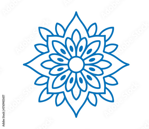 Royal blue floral motif radiates from the center against a white background