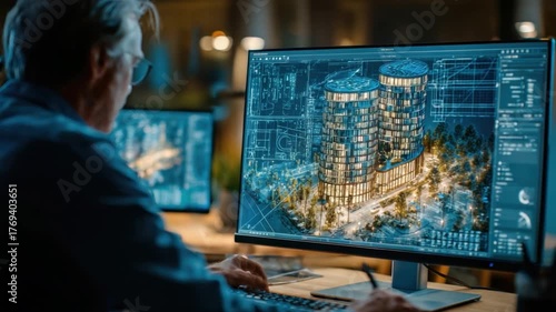 Blueprint Vision: A focused individual intently reviews architectural plans on a monitor. The scene is illuminated by the soft glow of the computer screen.
