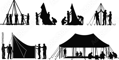 Silhouette vector illustration of people assembling large tent with poles, fabric, teamwork, safety, outdoor event, camping, construction, architecture, and industry