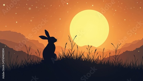 Rabbit silhouette sits on grassy hill watching big yellow moon rise. Starry orange sky above layered mountain range. Peaceful wildlife scene, animal watching night sky.
