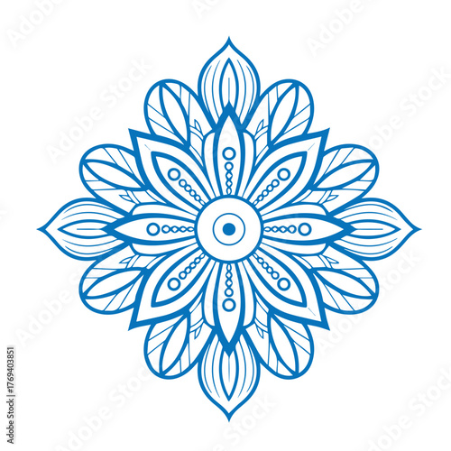 Ornate blue mandala design features geometric shapes and concentric circles isolated on transparent background