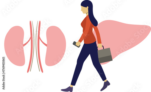The woman is walking near human liver.