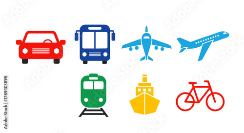 Flat Transport Icon Pack – Car, Bus, Airplane, Train, Ship, Bicycle – Minimal Vector Set