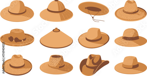 Diverse Collection of Brown Hats Sombrero, Cowboy, Sun Hat, and Conical Hats Displayed