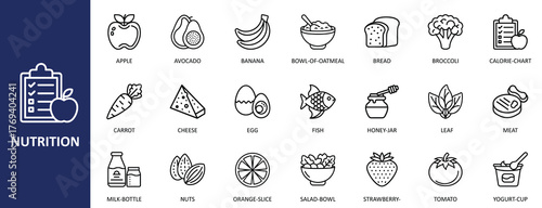 Nutrition and Healthy Food Line Icons Set Vector | Fruits, Vegetables, Dairy, and Diet Outline Collection