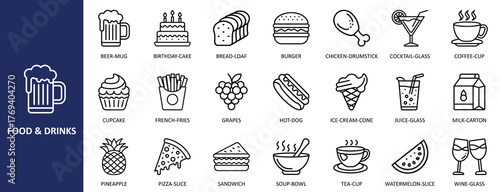 Food and Drinks Line Icons Set Vector | Fast Food, Bakery, Fruits, and Beverages Outline Collection