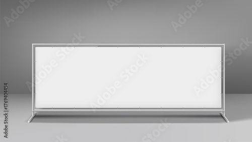 Long billboard in grey interior. 3d vector mockup
