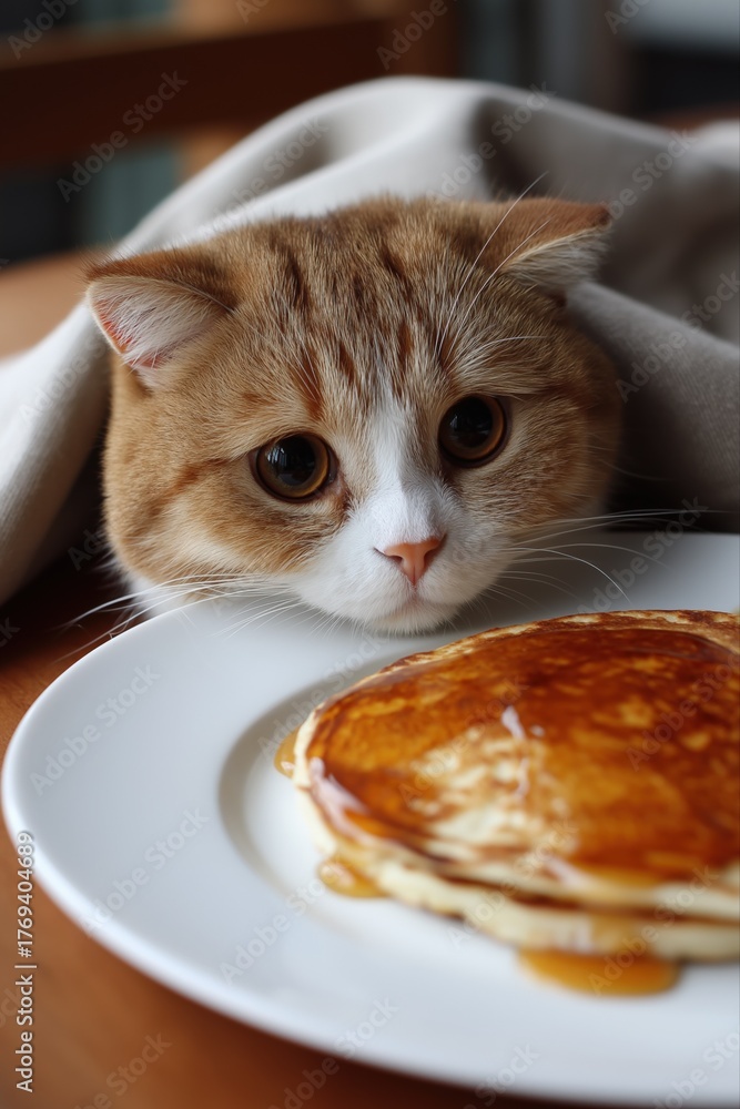 Fototapeta premium Curious cat stares at stack of pancakes with maple syrup on table