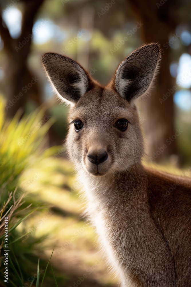 Fototapeta premium Young kangaroo in sunlit australian forest