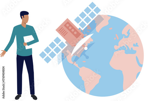 The boy is pointing to the global steel lights.