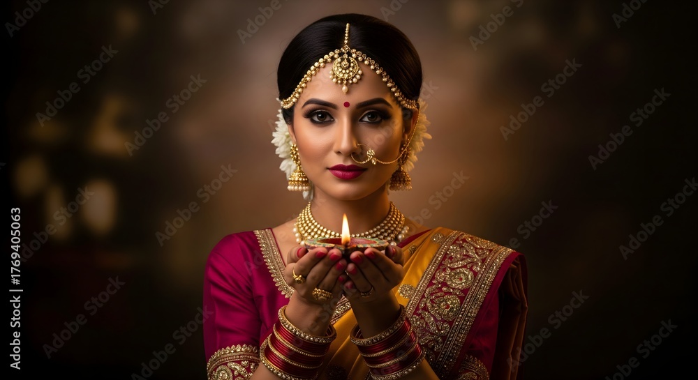 Fototapeta premium Portrait of a beautiful woman in traditional South Asian attire and gold jewelry holding a glowing clay diya oil lamp in a dark, warm studio setting.