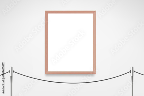 Wood portrait frame on white wall. 3d vector mockup