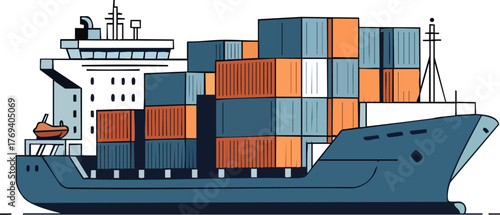 Flat Illustration of a Container Ship for Global Logistics isolated on white backround