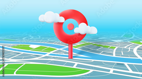 Сity map with navigation pin in perspective. 3d vector illustration